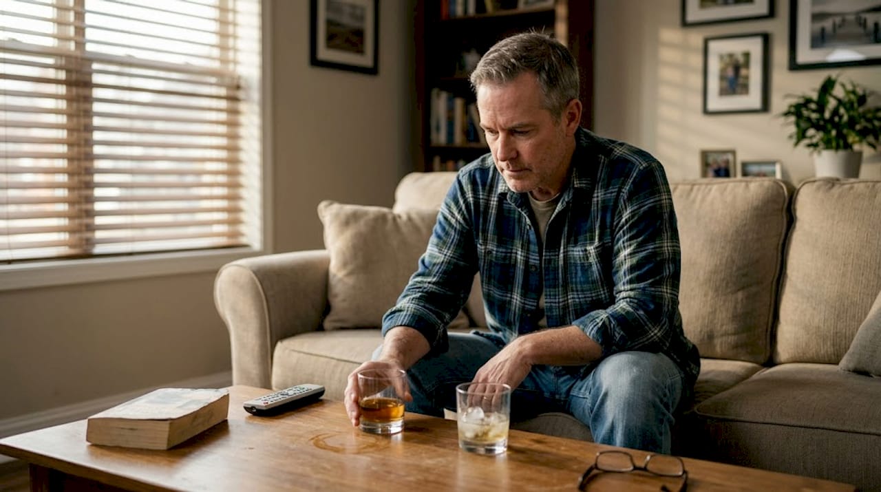 Man sitting in living room with glass of whisky