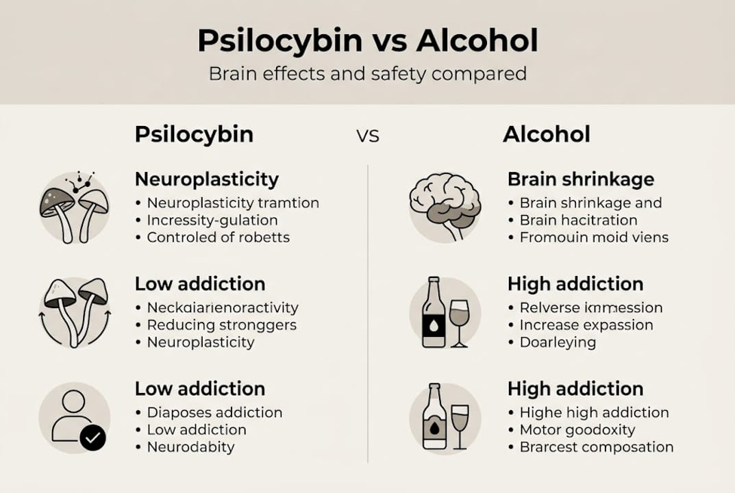 Infographic comparing psilocybin and alcohol effects
