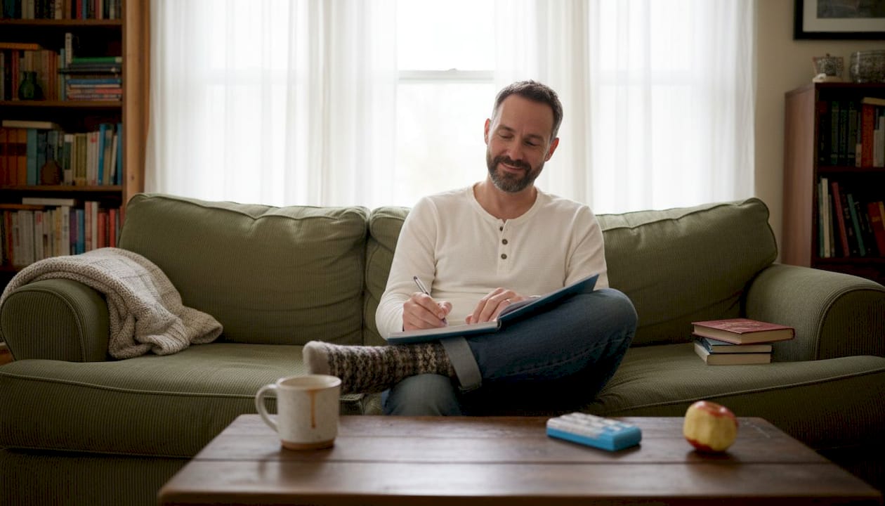 Man journaling microdose experience in living room