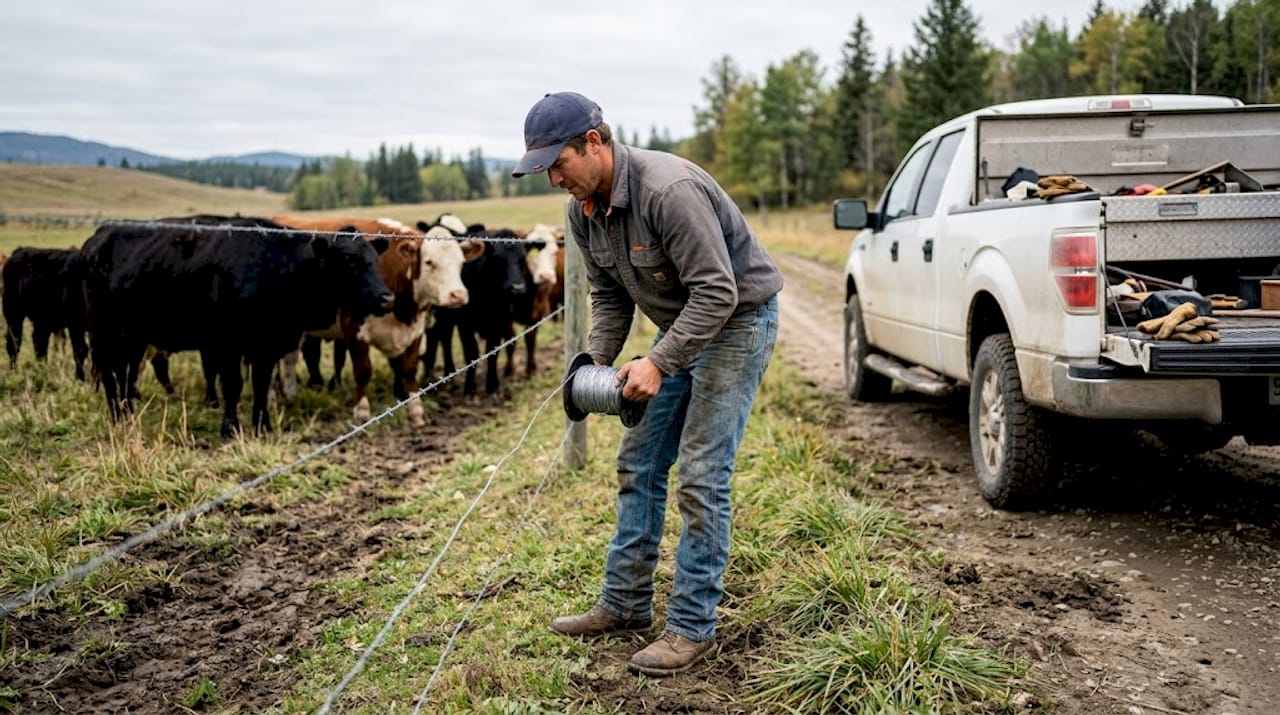 Worker removing portable fence near cattle