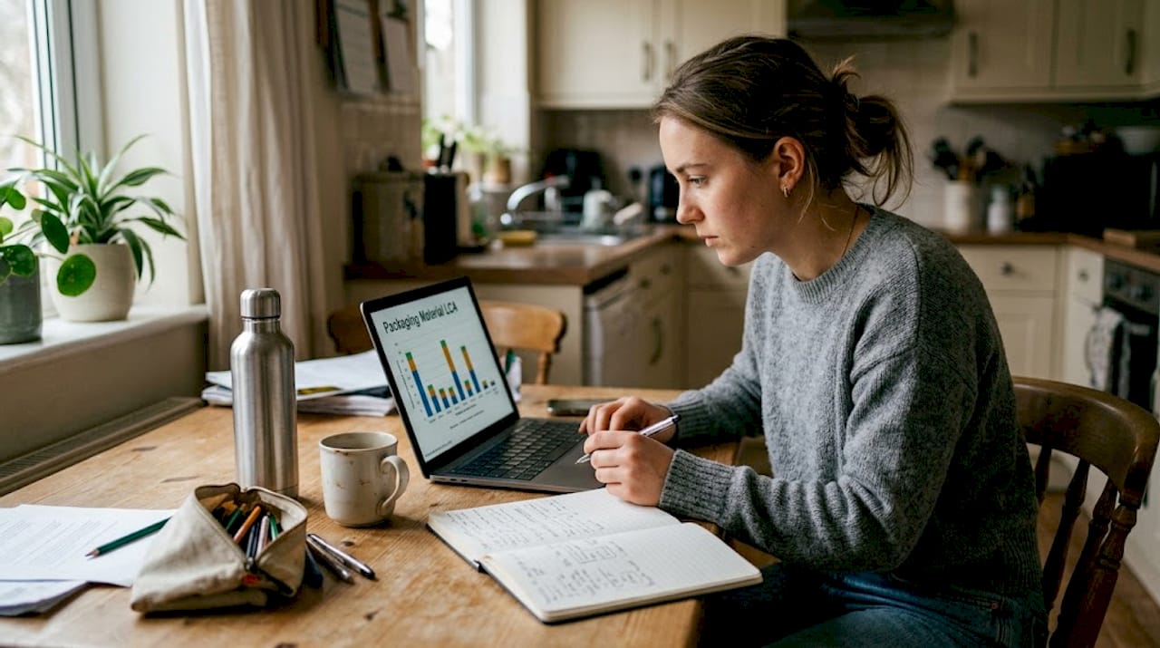 Woman reviewing packaging lifecycle analysis chart
