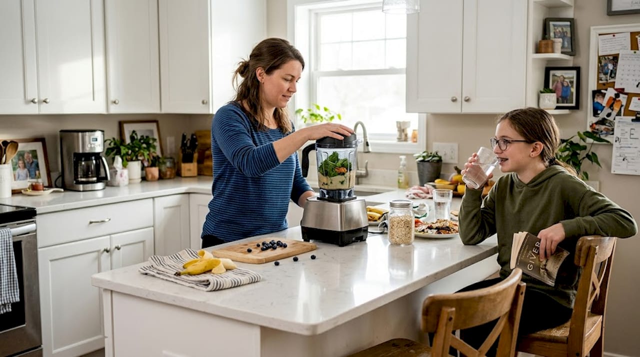 Parent making smoothie in family kitchen