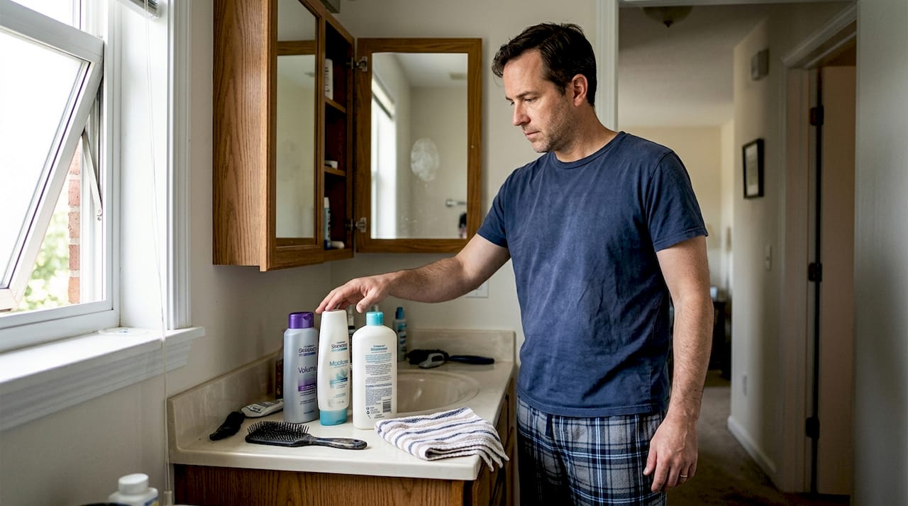 Man selecting hair products on bathroom shelf