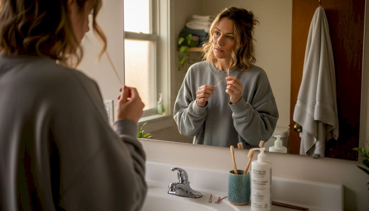 Woman examines hair in cozy bathroom mirror