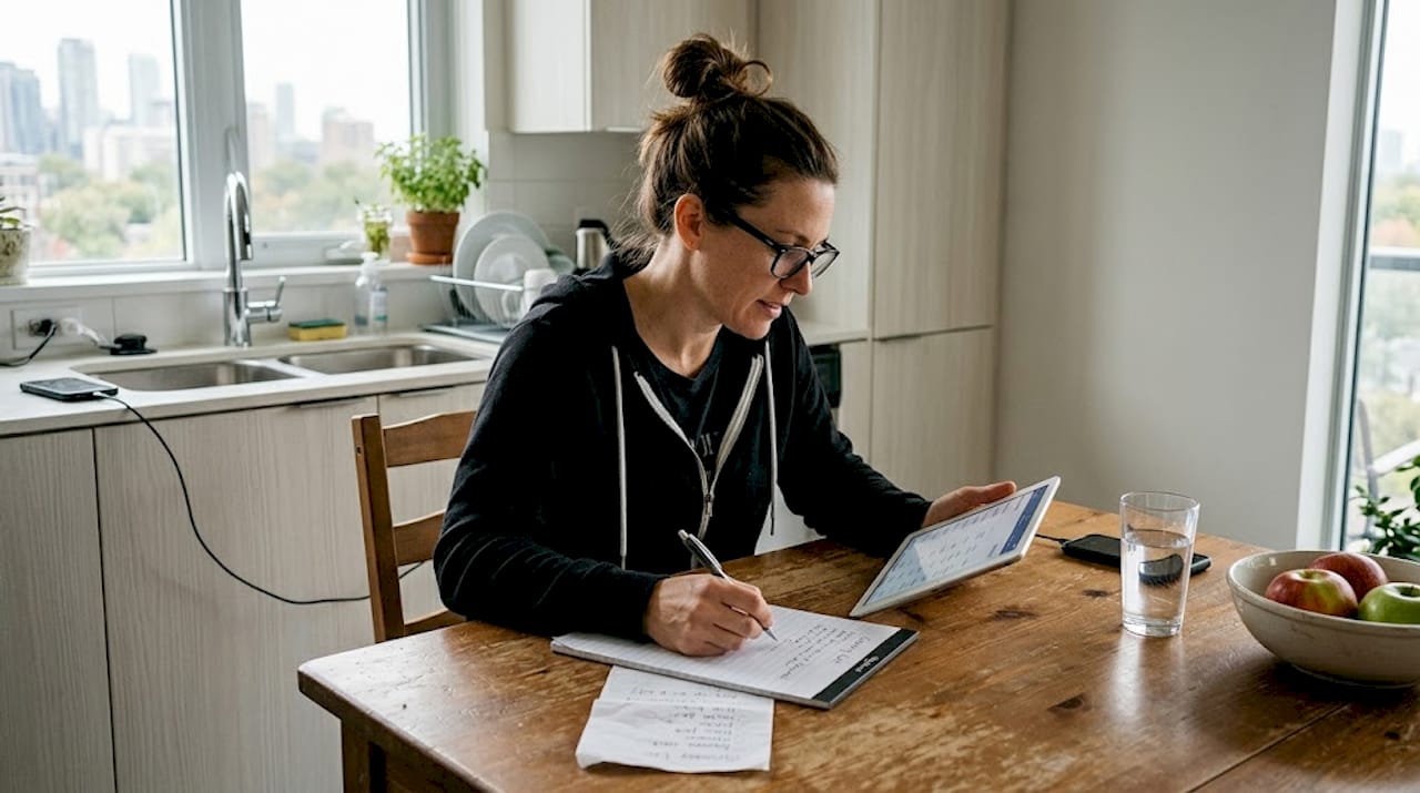 Woman researching mushroom safety at kitchen table