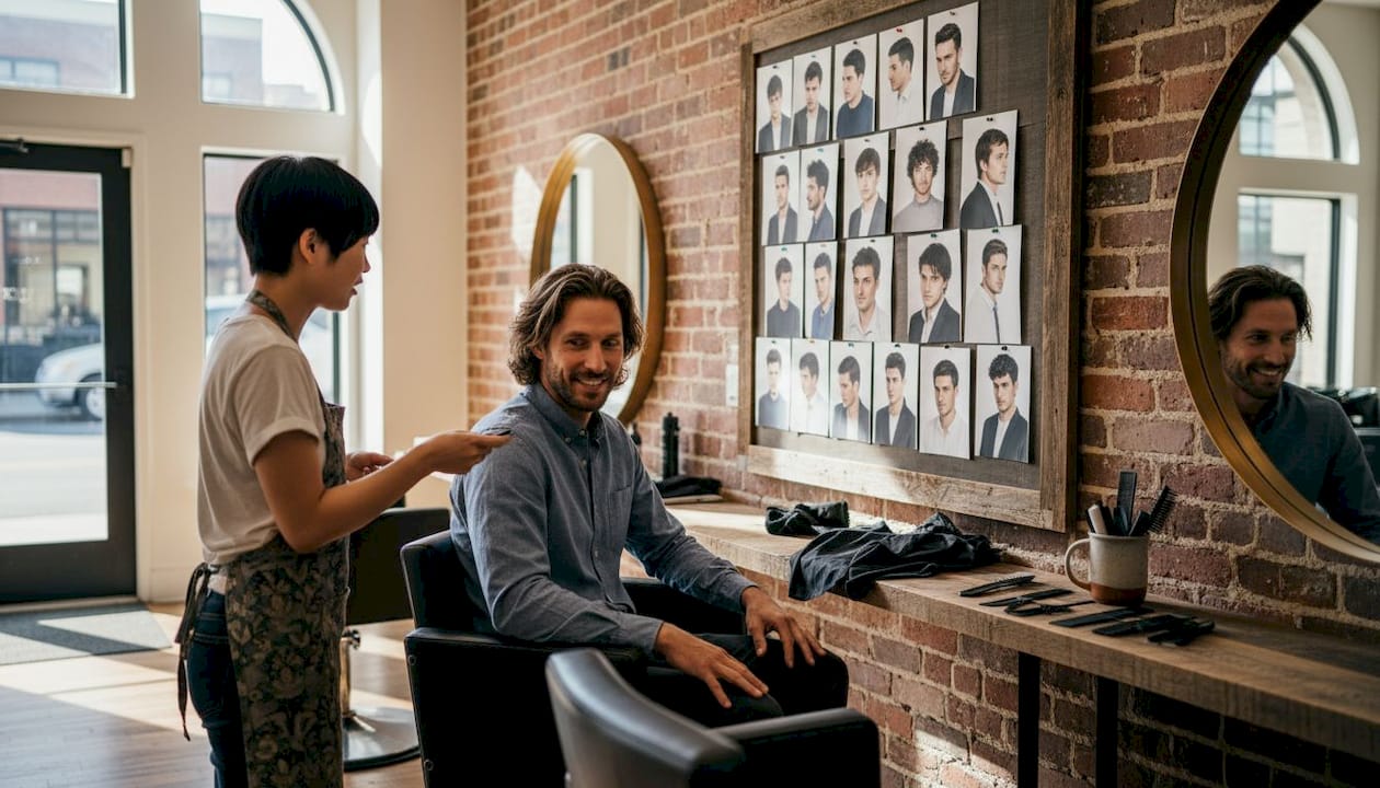 Man consulting stylist for hair transformation