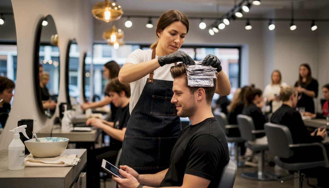 Stylist applying highlights for men's hairstyle