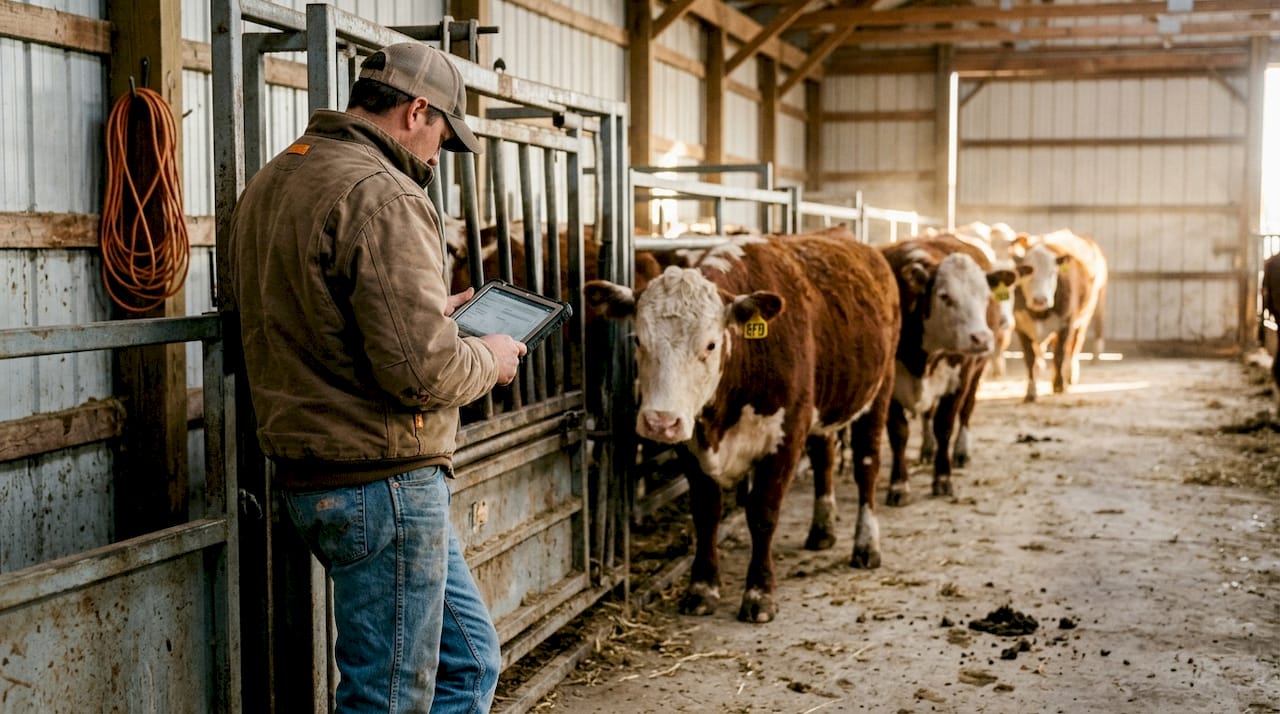 Worker monitors RFID scans in cattle chute