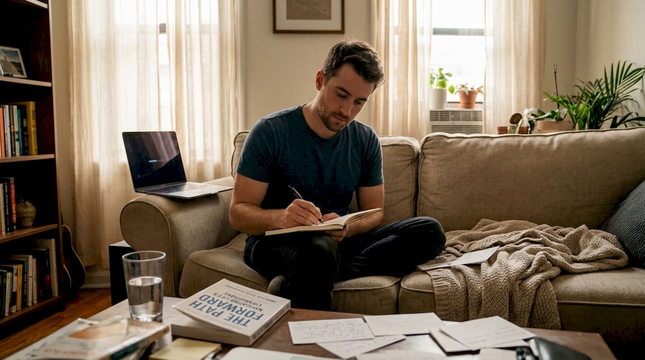 Man writing mood journal in living room