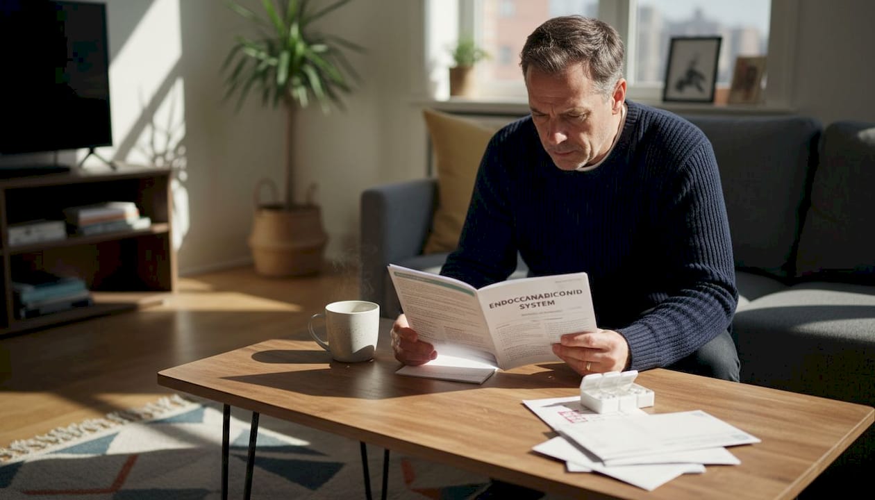 Man reading endocannabinoid system pamphlet at table