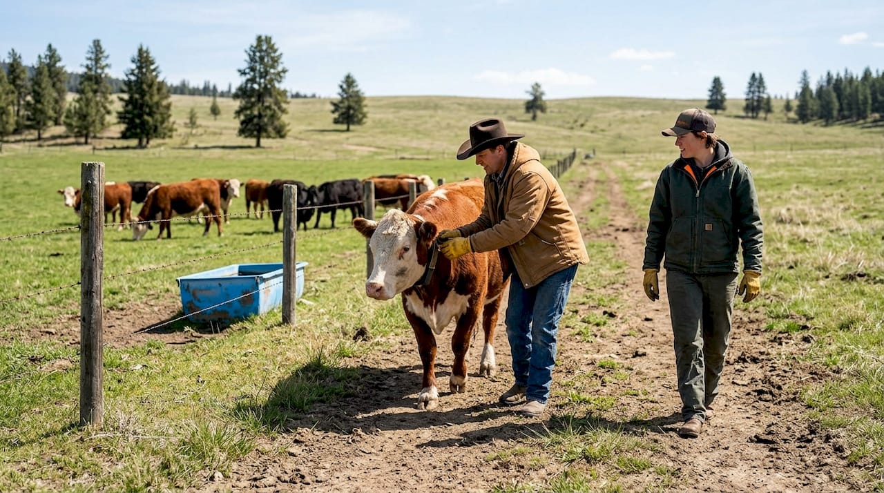 Ranch staff fitting virtual collar on grazing cattle