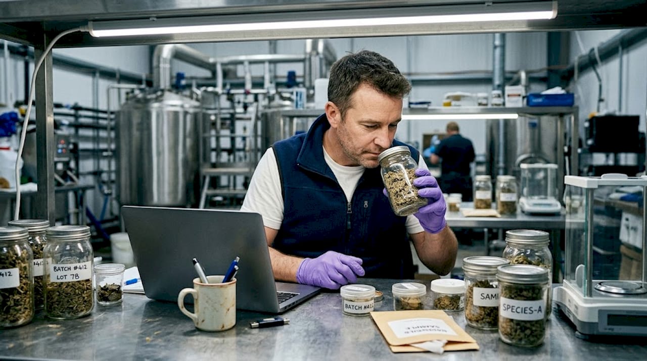 Lab technician smelling cannabis flower in jar