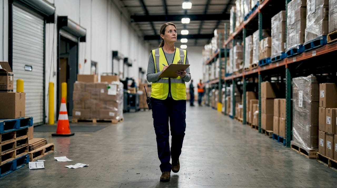 Safety manager inspecting warehouse aisle for hazards