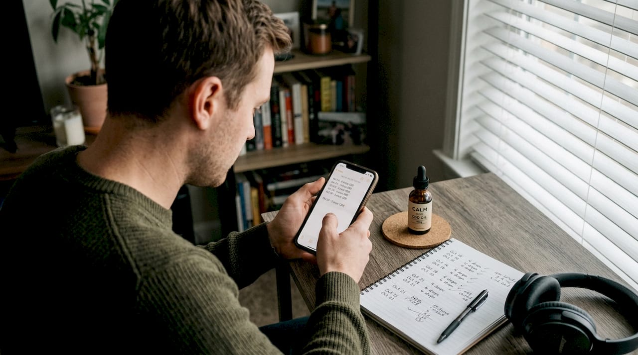 Man logging CBD dosage on smartphone