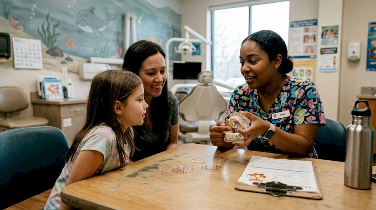 Dental assistant showing orthodontic appliance model