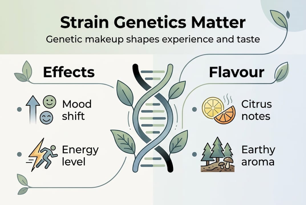 Infographic on genetics and cannabis effects, flavour