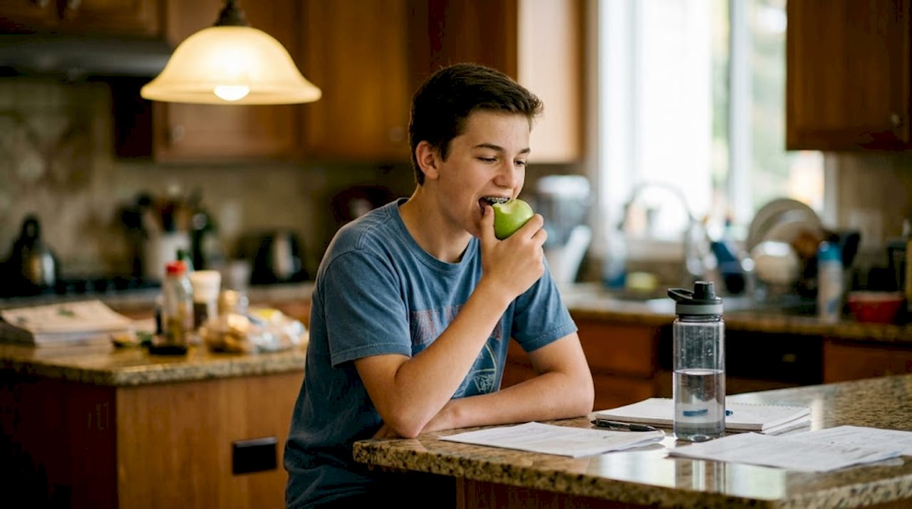 Teen with braces eating apple in kitchen