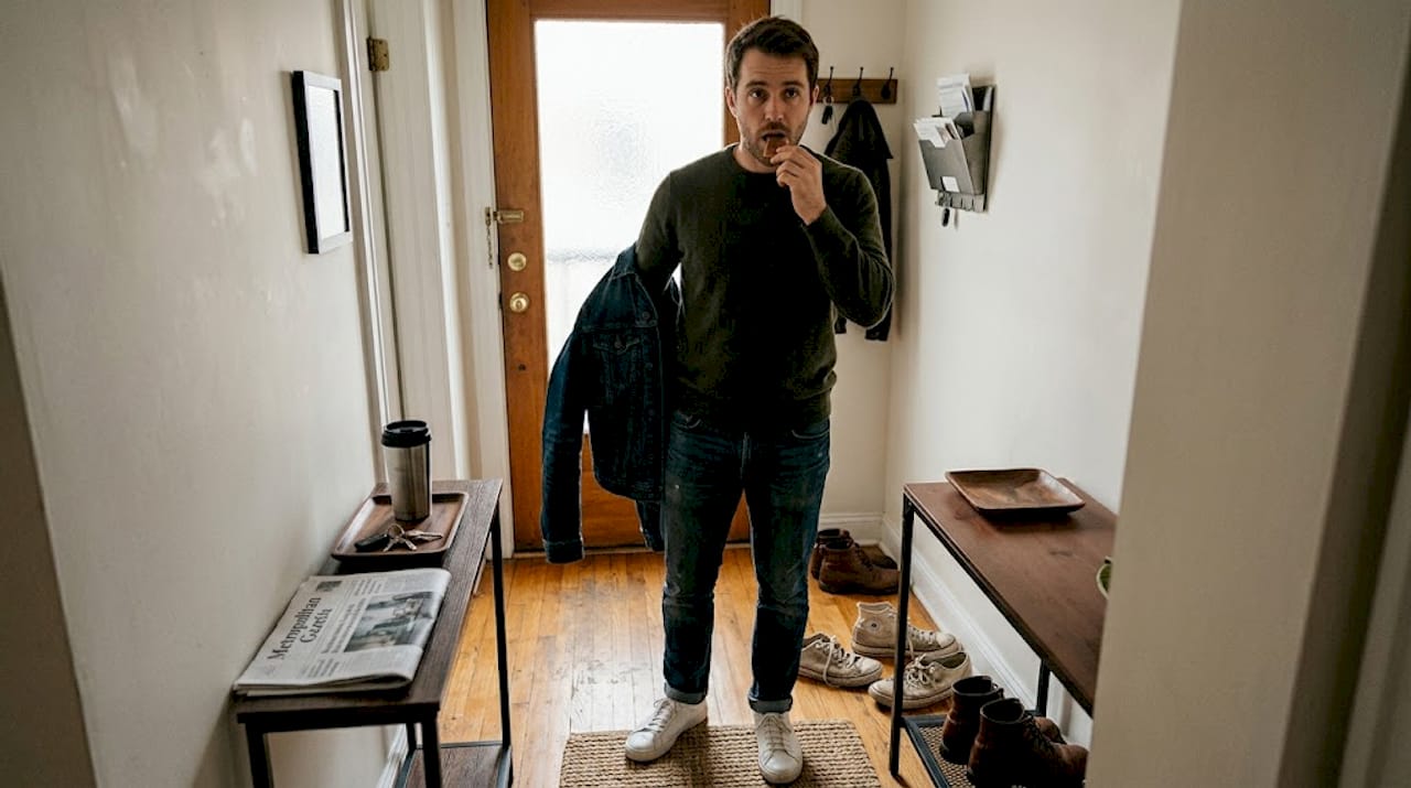 Man taking mushroom edible gummy by door