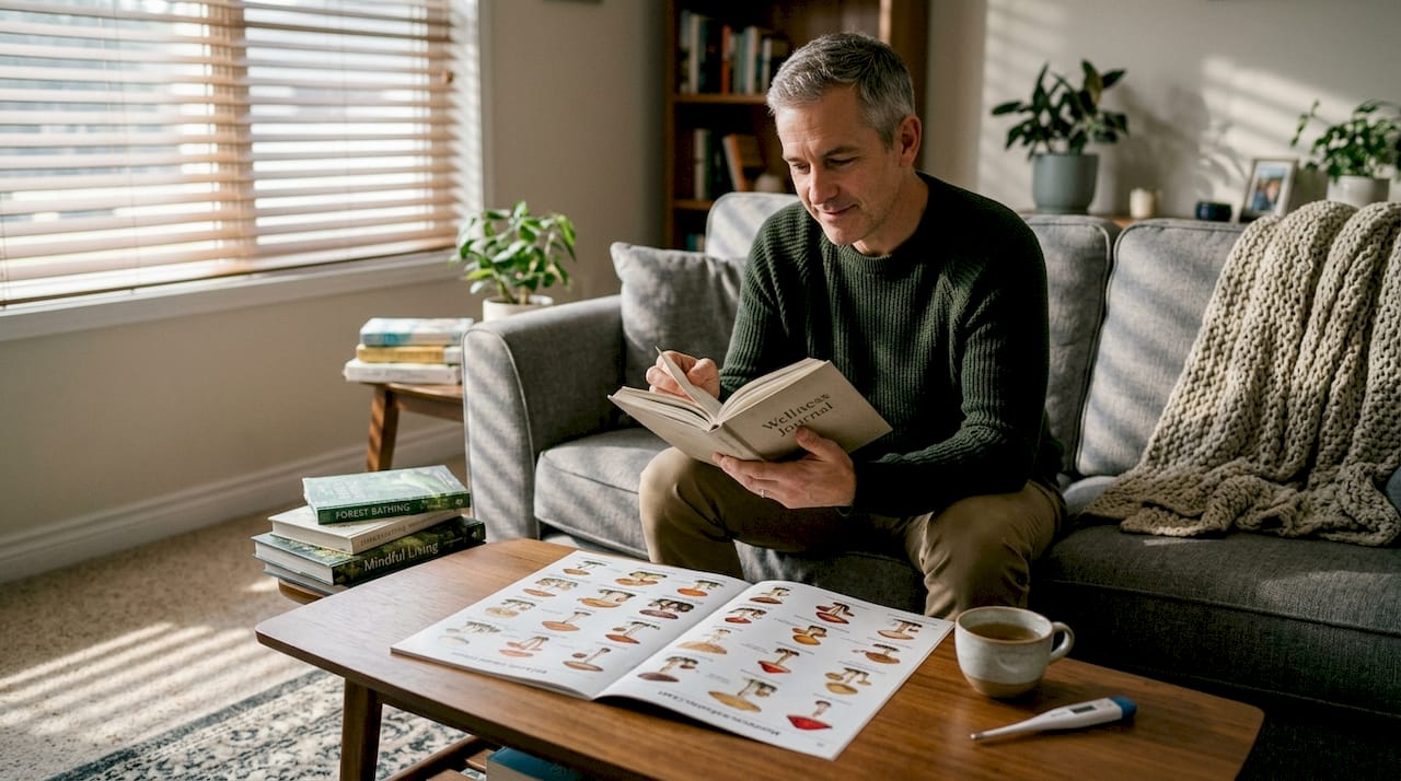 Man reading wellness journal with mushroom chart