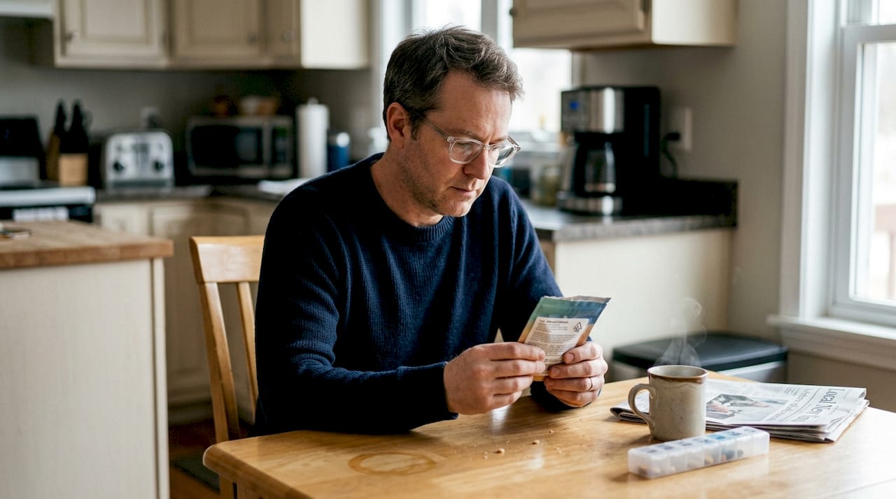 Man reading THC edibles label at kitchen table