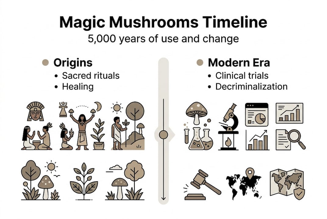 Infographic summarizing key eras of psilocybin use