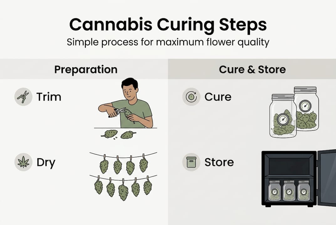 Infographic showing cannabis curing steps and categories