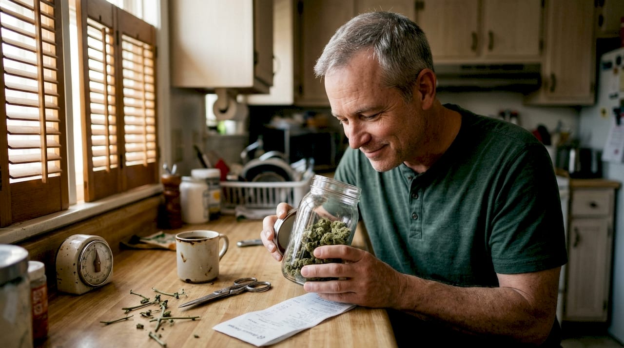Person sniffing cured cannabis in glass jar