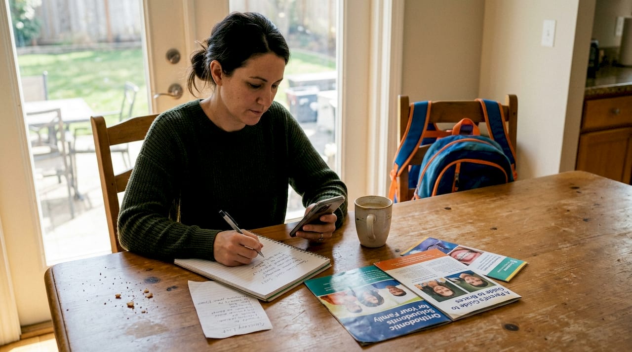 Parent researching orthodontist choices at kitchen table