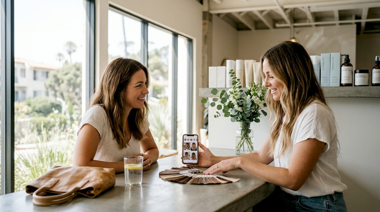 Client and stylist consult in bright salon