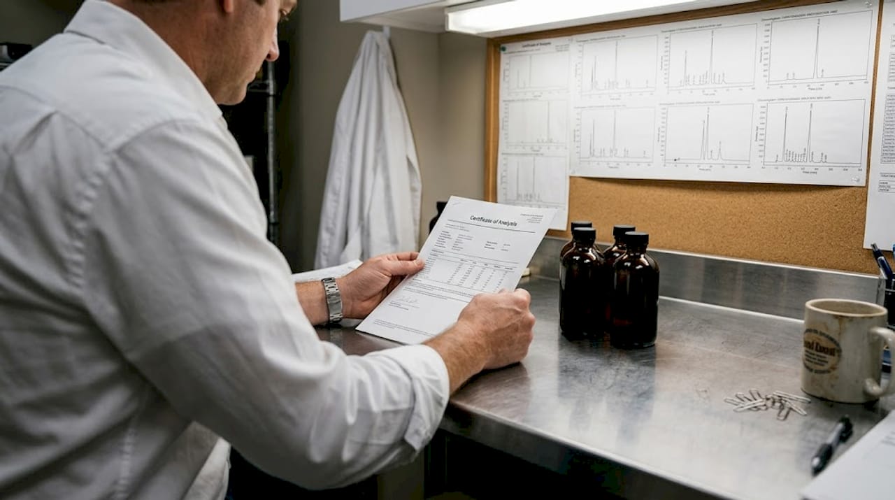 Technician reviews Certificate of Analysis for CBD