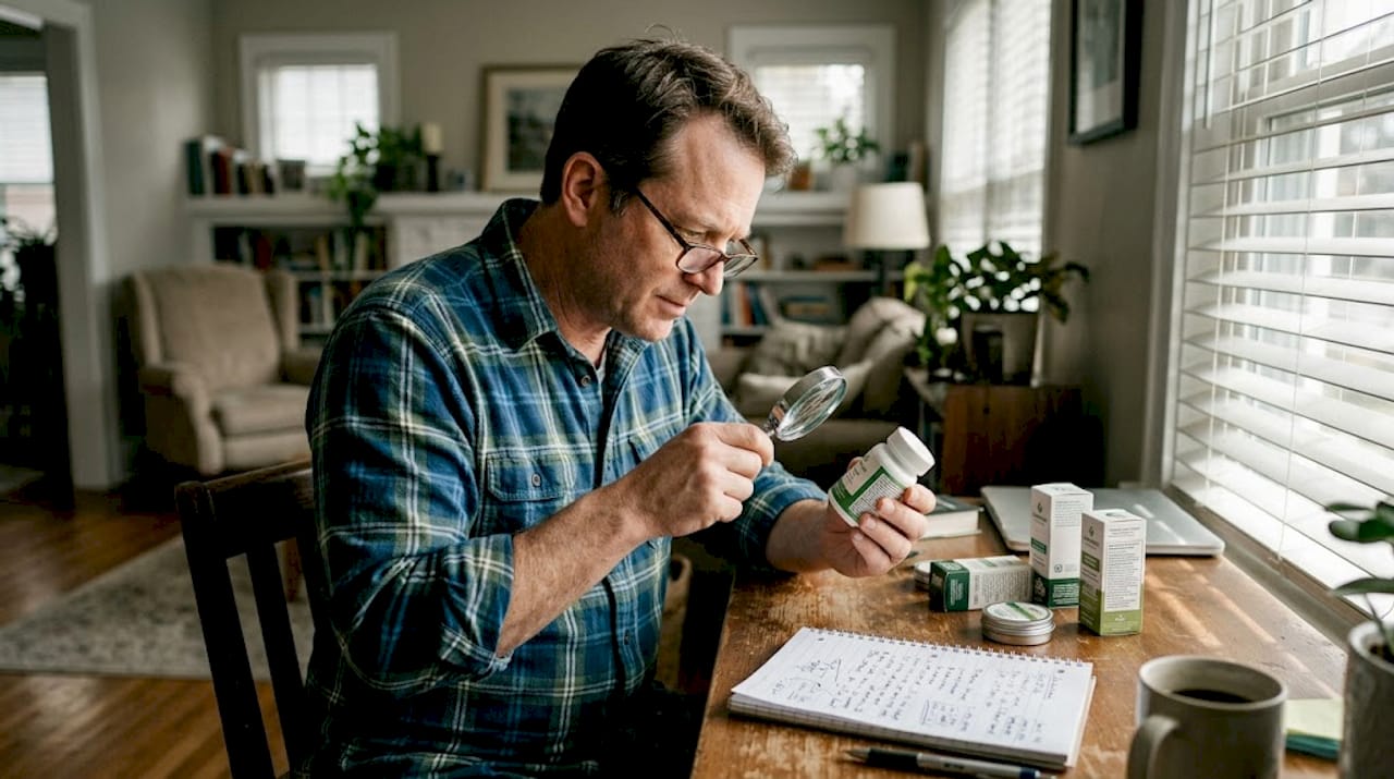 Man inspecting cannabis label at desk