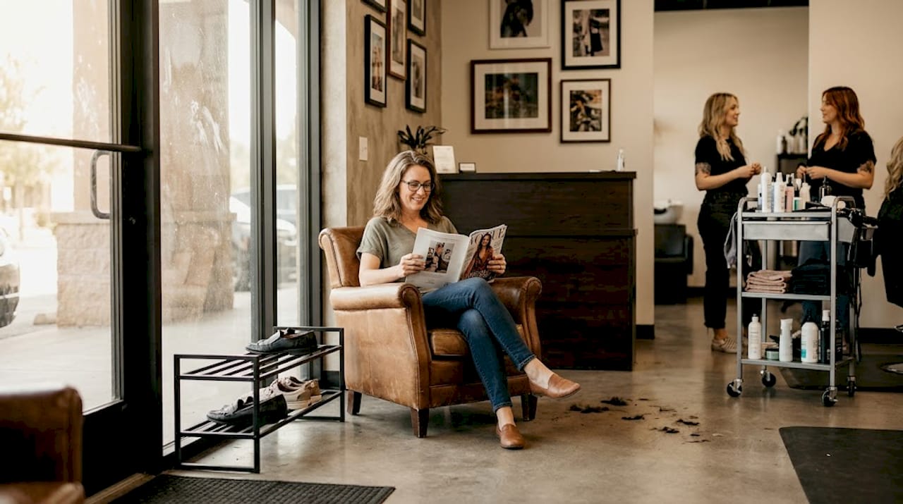 Salon waiting area with real lived-in details