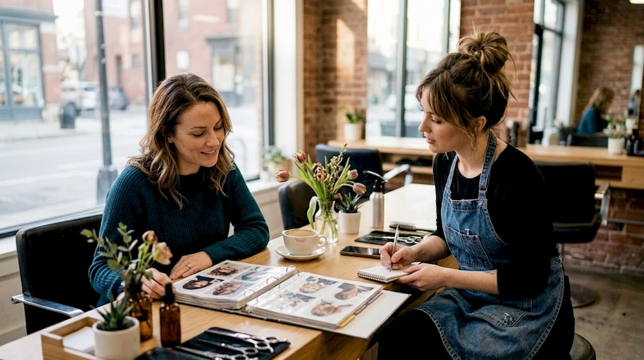 Client and stylist talk during salon consultation
