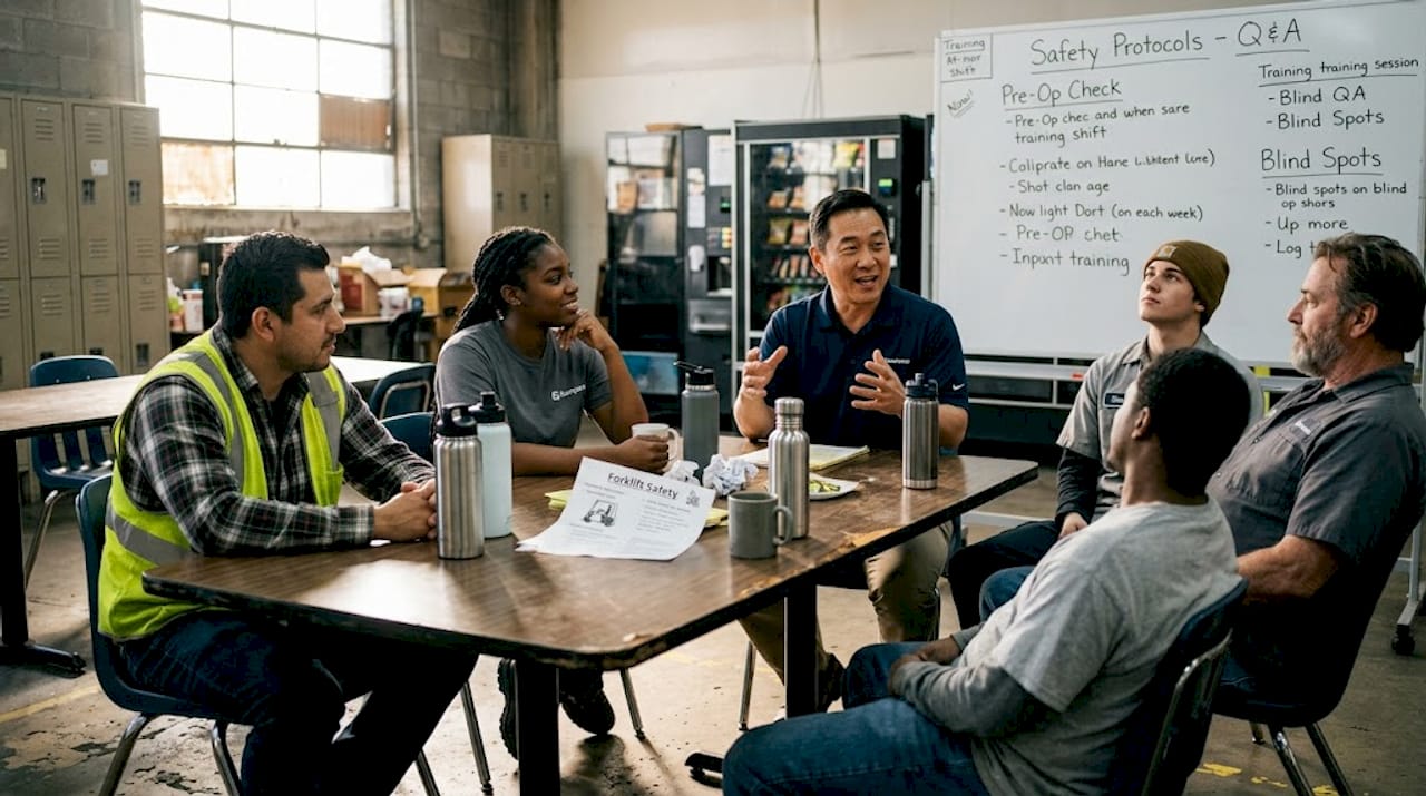 Warehouse team discussing forklift safety training