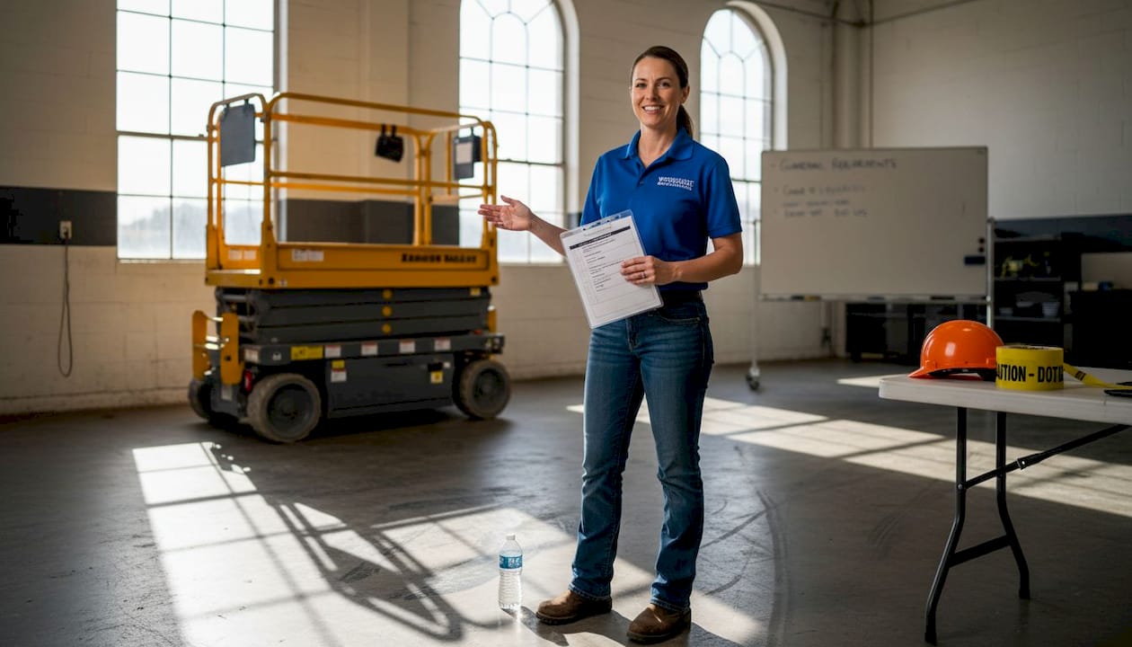Trainer explaining scissor lift certification requirements