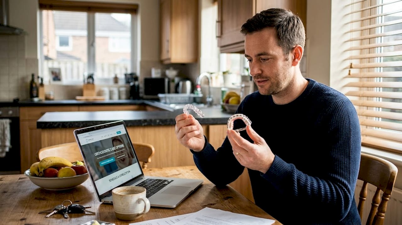 Man comparing clear aligner and braces at kitchen table