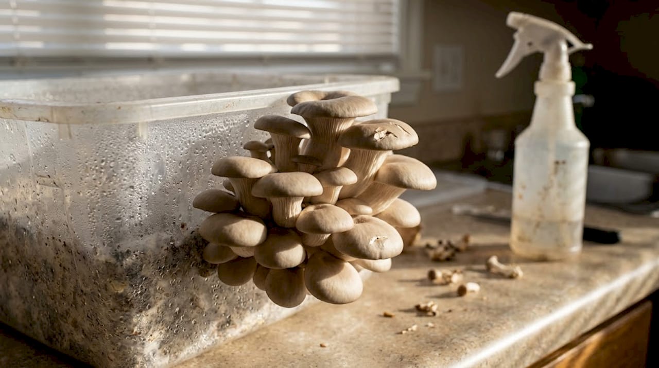 Close-up healthy fruiting mushrooms in bin