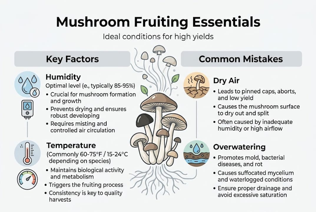 Infographic mushroom fruiting conditions and mistakes