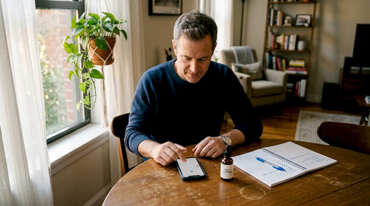 Man setting cbd gummy reminder at table