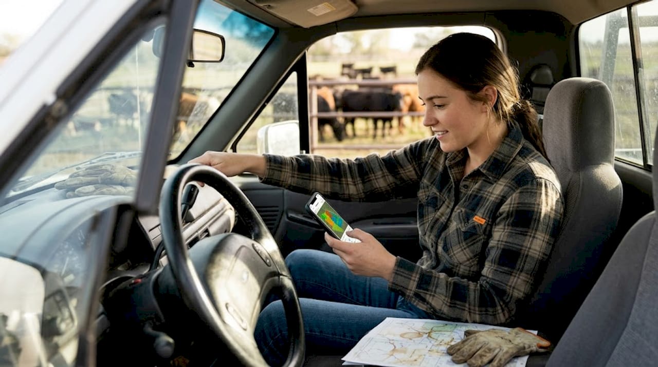 Farmer viewing cattle GPS app in pickup