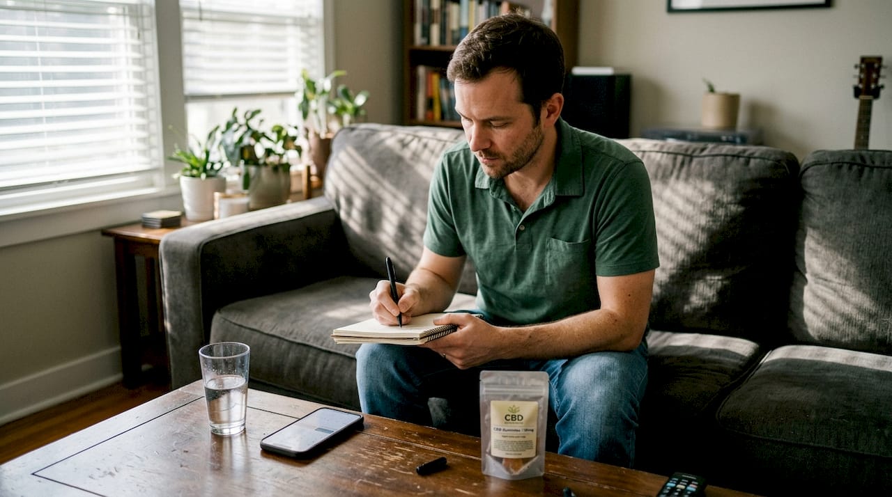 Man tracking CBD dosage in living room notebook