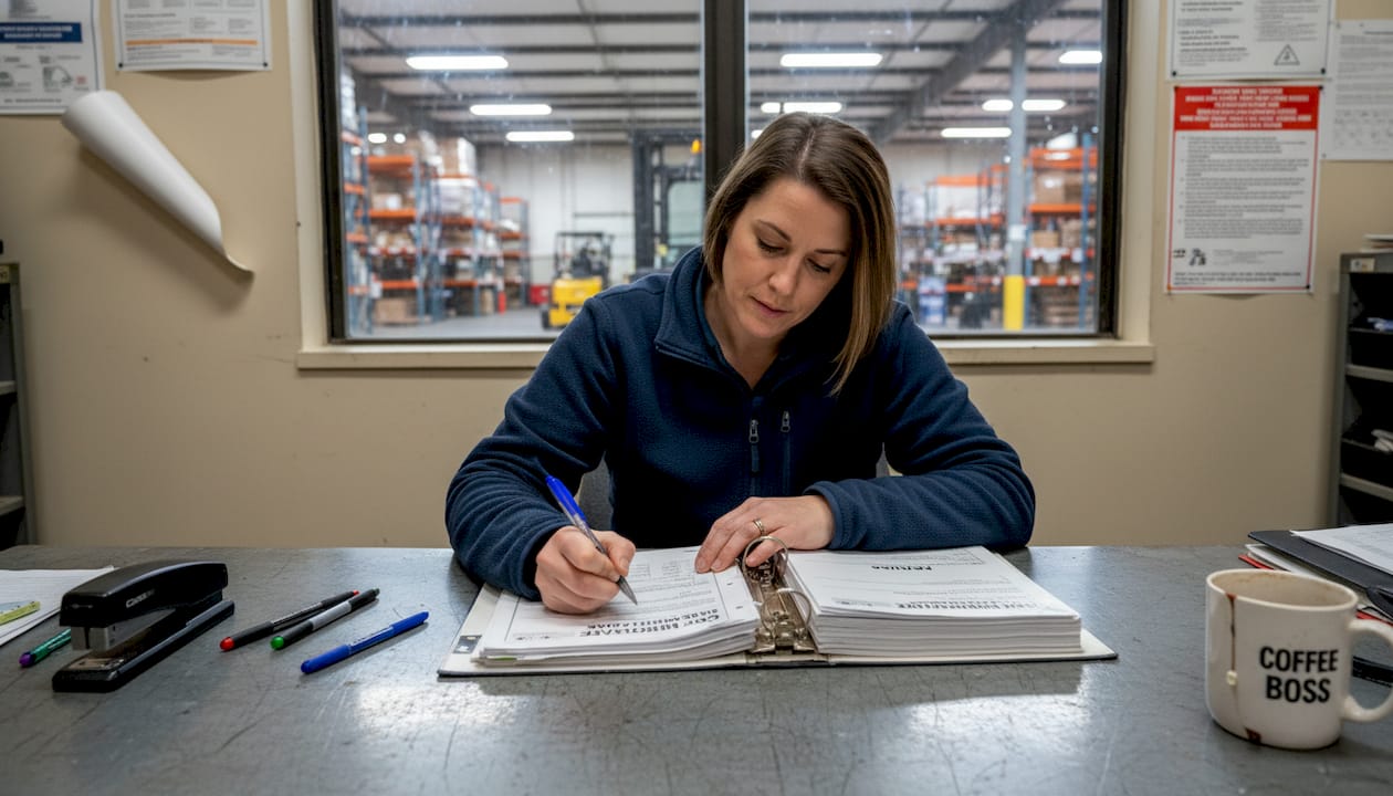 Manager updates warehouse certification binder