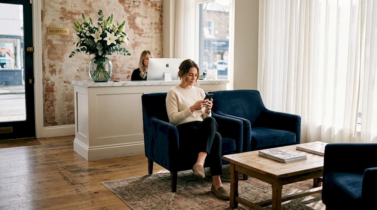 Client waiting in luxury salon lobby