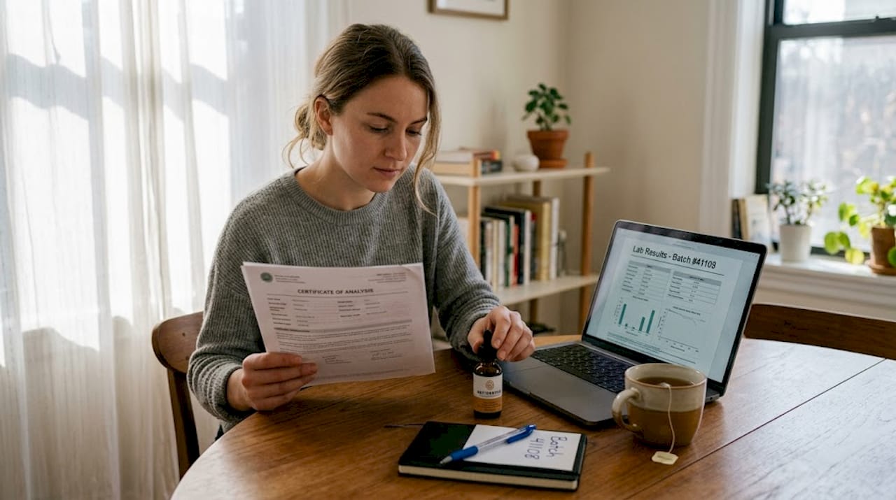 Consumer reading COA with CBD tincture
