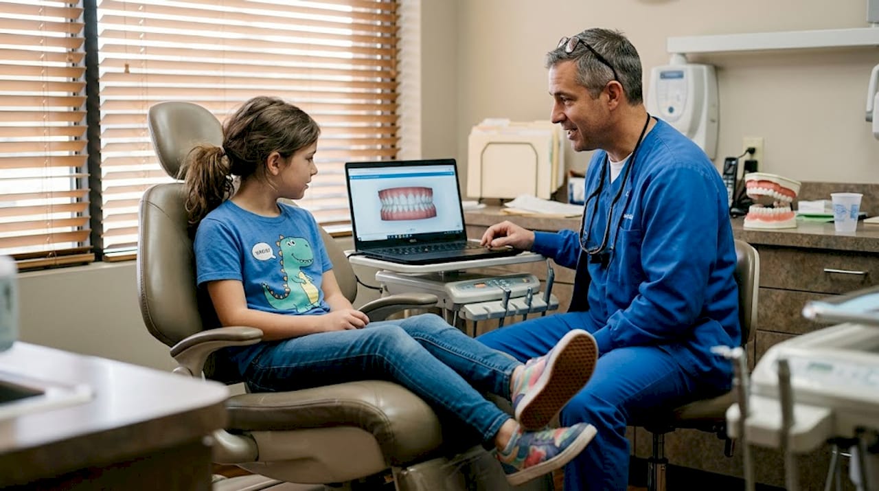 Child and orthodontist reviewing digital scan