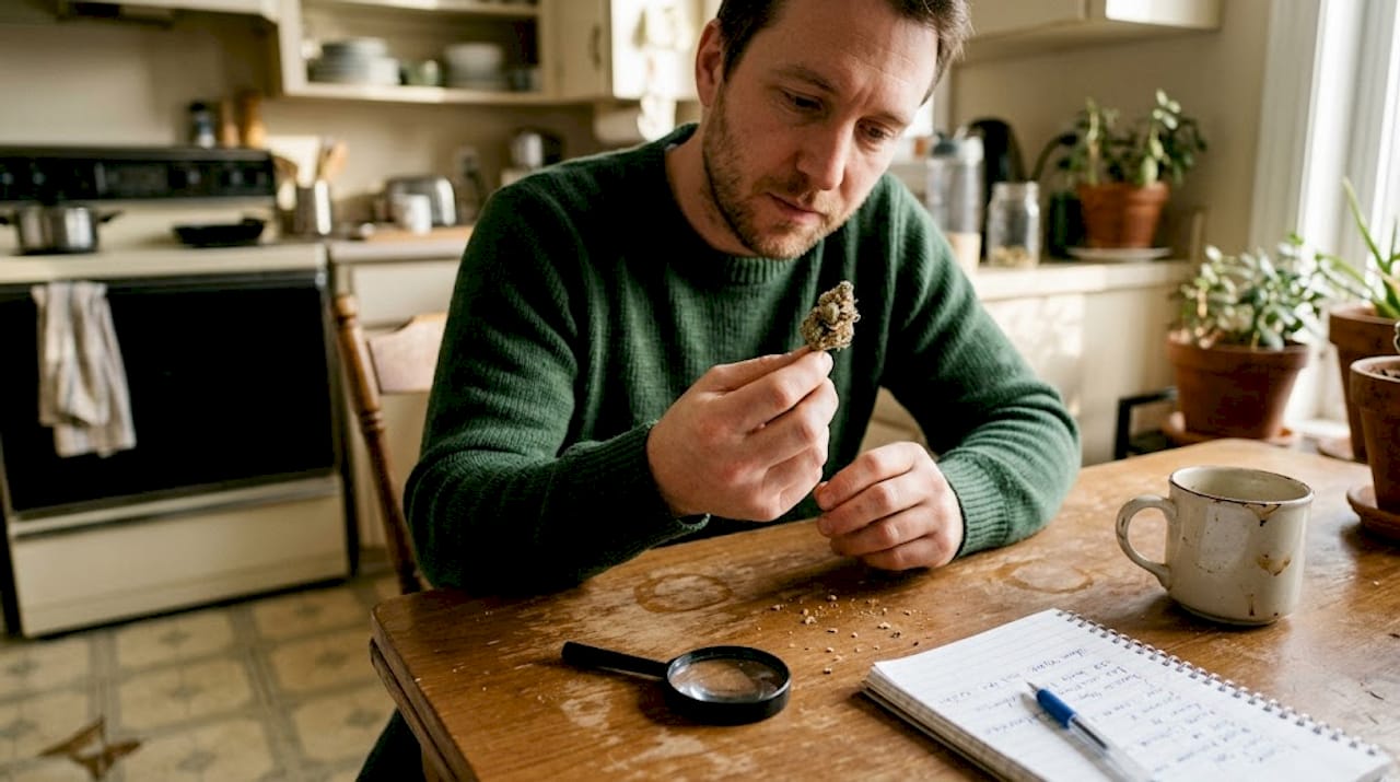 Person closely inspecting cannabis bud at home table