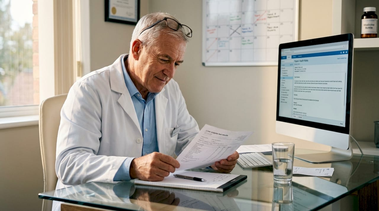 Pharmacist checking liver test results at desk