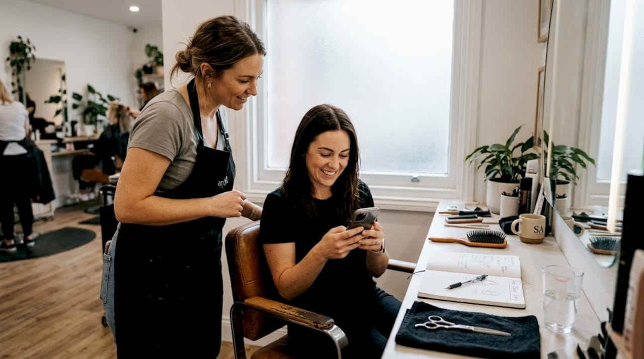Stylist and client discuss inspiration photos in salon