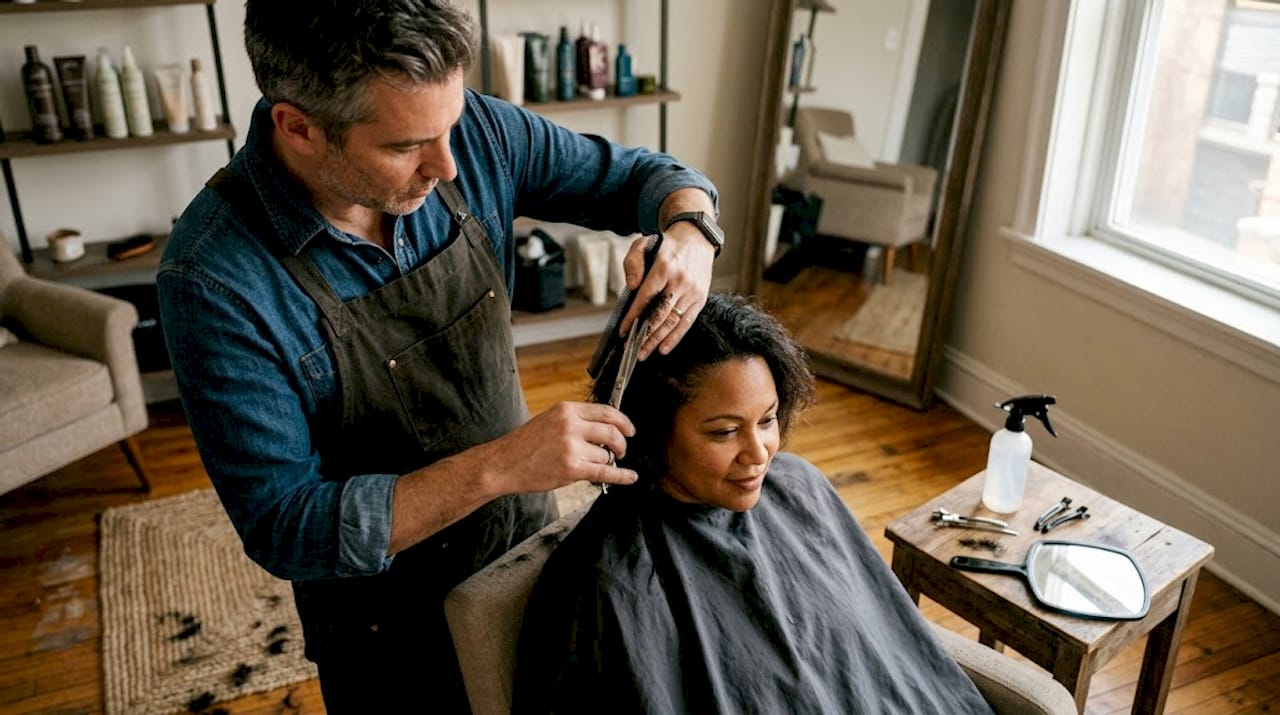 Stylist demonstrates precision haircut with natural lighting
