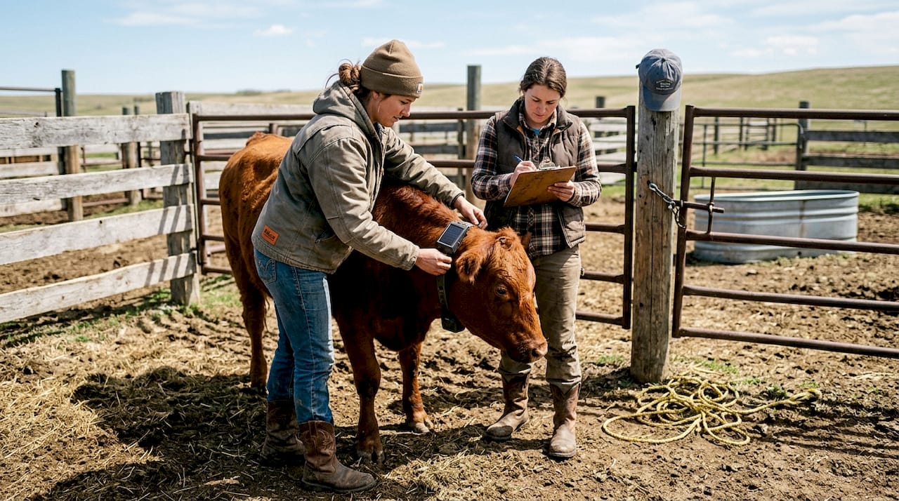 Workers fitting virtual fence collar on cow